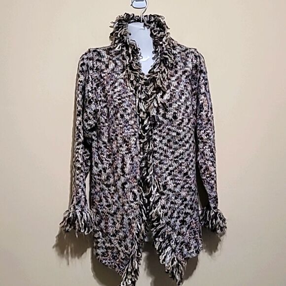 CASAMIA Brown Multicolored Ruffle Cardigan Sweater Sz M/L - Picture 3 of 9